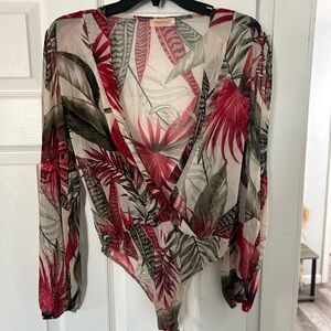 Tropical Leaf Print Sheer Bodysuit - Red and Green